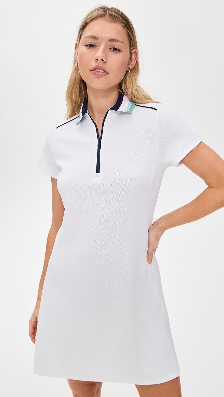 RLX Ralph Lauren Sz M White Pique Striped Collar 1/4 Zip Tennis Polo Mini Dress